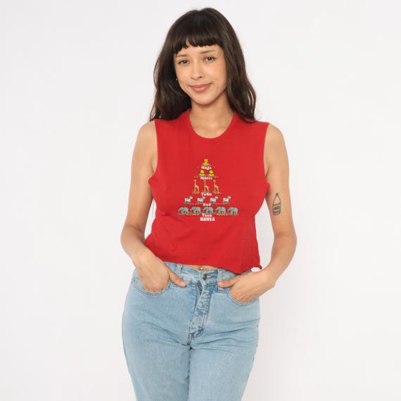 Kenya Safari Crop Top Animal Swahili Sleeveless Tank Red Cotton Cropped Tee Souvenir Travel Africa Top 2000s Tourist Shirt Extra Small XS