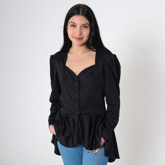 Vintage Black Lace Blouse 80s Puff Sleeve Top Peplum Hem Shirt High Low Hem Button up Shirt Longline Bohemian Romantic Long Sleeve Medium