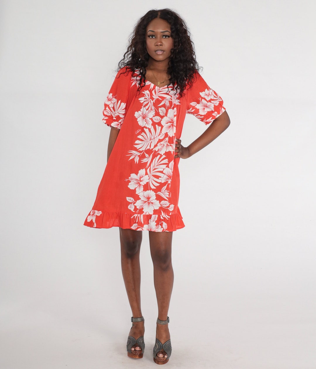 Hawaiian Floral Dress Red White Mini Tent Dress Boho 80s Tropical ...