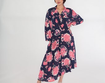 Floral Wrap Dress 80s Navy Blue Polka Dot Midi Dress Collared V Neck High Waisted 3/4 Sleeve Secretary Flower Print Vintage 1980s Medium