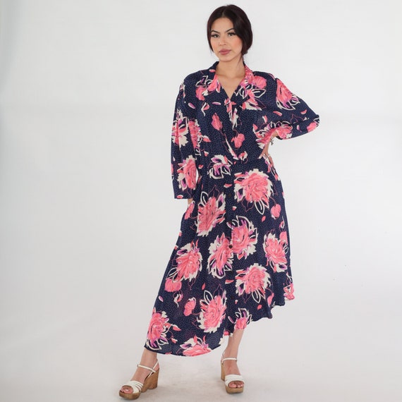 Floral Wrap Dress 80s Navy Blue Polka Dot Midi Dress Collared V Neck High Waisted 3/4 Sleeve Secretary Flower Print Vintage 1980s Medium