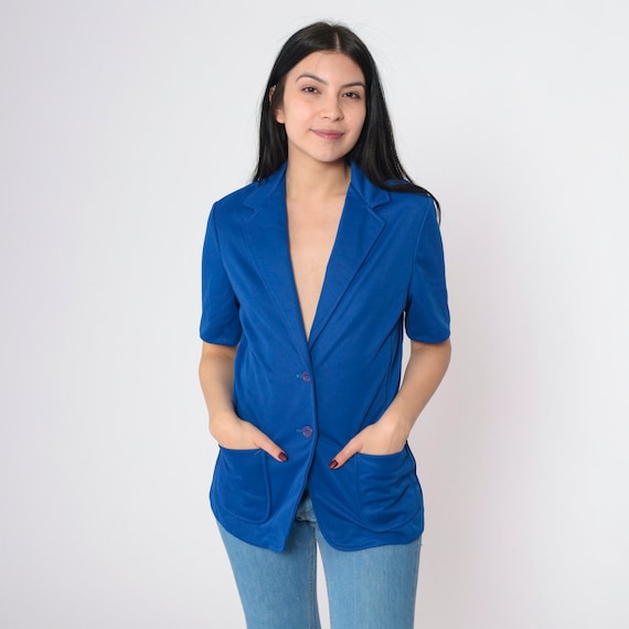 Royal Blue Blazer 70s Button Up Jacket Short Sleeve Blazer Preppy Secretary Professional V Neck Tailored Collared Vintage 1970s Small