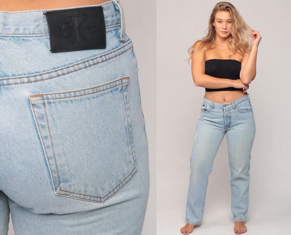 Calvin Klein Jeans Mom Jeans High Waisted Jeans CK 80s Denim Pants Tapered Slim DISTRESSED Blue 90s Vintage Hipster Medium Large 10 12