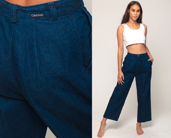 Pleated Jeans CALVIN KLEIN Jeans High Waisted Jeans Straight Leg 80s Denim Pants Blue Boho 1980s Vintage Retro Bohemian Extra Small xs 26