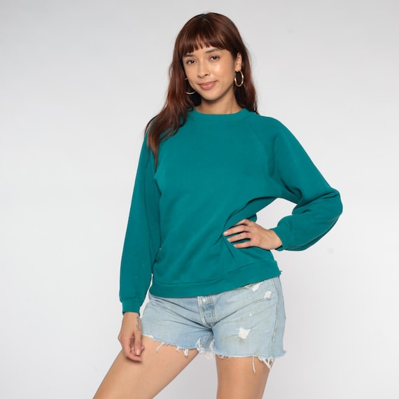 90s Teal Sweatshirt Grunge Raglan Sleeves Plain Crew Neck Athletic Gym Cover Up Streetwear Distressed Normcore Gorpcore Vintage Large L