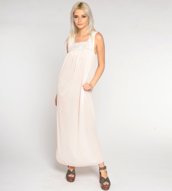 Light Pink Nightgown 90s Lingerie Maxi Dress Lace Bib Slip Sleeveless Boho Romantic Girly Retro Long Nightie Vintage 1990s Nylon Small S