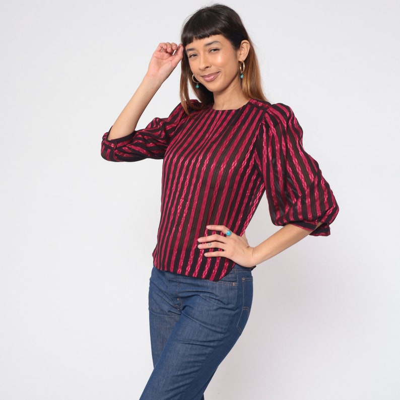 Shiny Striped Blouse 80s Puff Sleeve Top Semi-Sheer Shirt Checkered Pink Black Vertical Stripes Secretary Glam Bohemian Vintage 1980s Small image 2