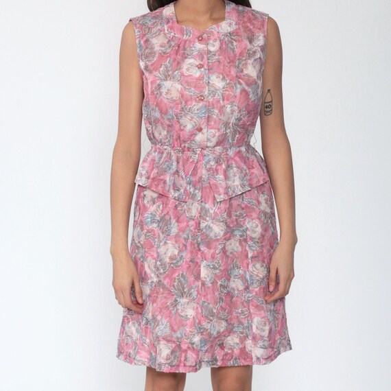 Pink Floral Dress 70s Mini Peplum Dress Secretary… - image 6
