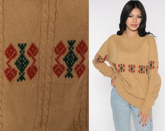 Cream Cable Knit Sweater Boho Knit 70s Bohemian Tan Geometric Sweater Ski Sweater Slouchy Vintage Pullover Knit Sweater Men's Large