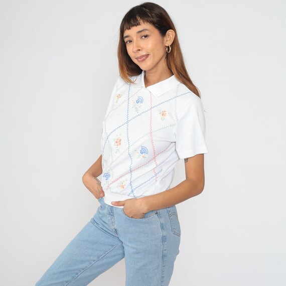 Floral Embroidered Top 90s White Polo Shirt Paste… - image 3