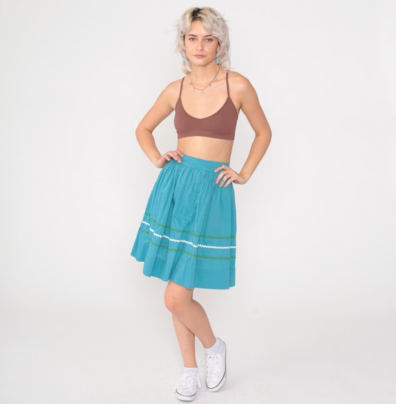 Vintage 50s Turquoise Rockabilly Skirt 1950s Rickrack Trim Mini Square Dance Blue Full Skirt High Waist Cotton Retro Fit and Flare xxs 2xs