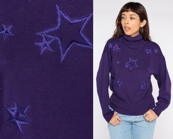 Turtleneck Sweater Purple Star Sweater Meister Ski Sweater 80s Wool Blend Pullover Jumper Vintage Knit Funnel Neck 1980s Medium