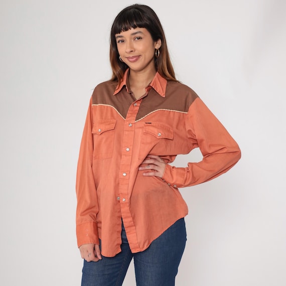 70s Western Shirt Coral Peach Brown Pearl Snap Distressed Stir-Ups Vintage Cowboy Ranch Wear Color Block Western Long Sleeve Rodeo Large 16