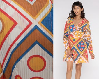 70s Babydoll Dress Geometric Print Dress Mod Mini Dress Empire Waist Boho Vintage Long Sleeve 60s Bohemian Psychedelic Yellow Blue Medium 8