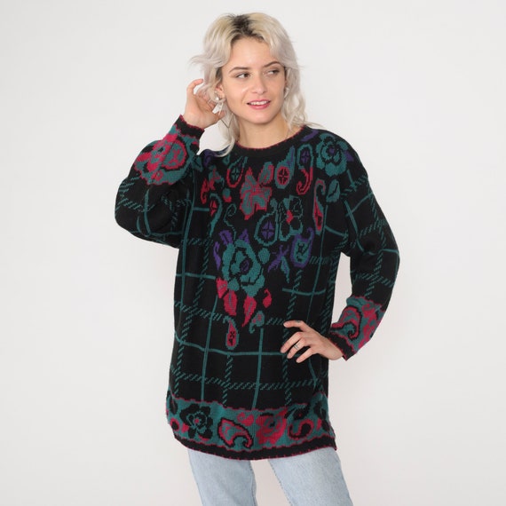 Checkered Floral Sweater 90s Black Pullover Knit Sweater Paisley Rose Hibiscus Flower Print Jumper Green Purple Pink Vintage 1990s Large L