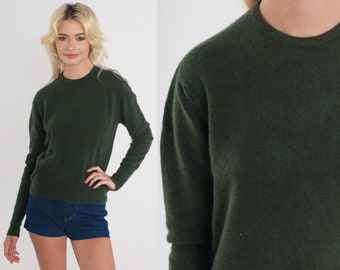 Green Sweater 60s Wool Blend Knit Pullover Sweater Retro Plain Basic Simple Minimalist Knitwear Crewneck Jumper Vintage 1960s Extra Small xs