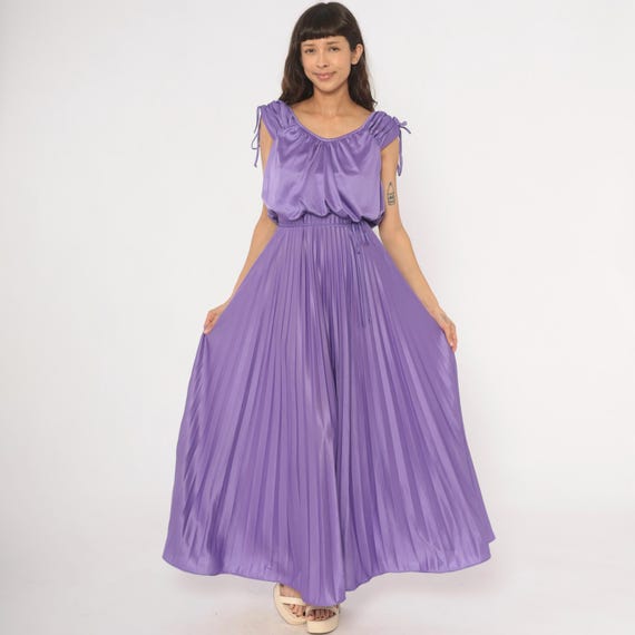 70s Lavender Pleated Maxi Dress Purple Satin Blouson Bodice Tie Shoulder Grecian Gown Violet Lilac Plum Drawstring Waist  Vintage Small S