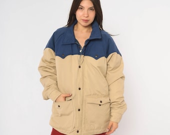 70s Western Puffer Jacket Cream Navy Color Block Cotton Down Yoke Pointed Collar Zip Tan Beige Insulated Winter Ski Unisex Vintage Large L