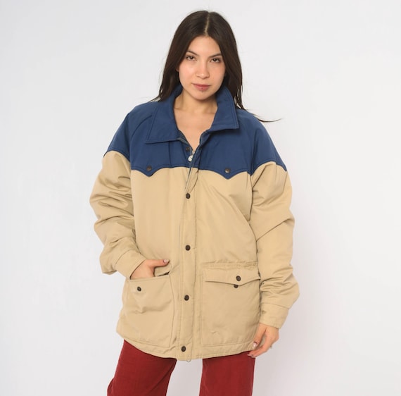70s Western Puffer Jacket Cream Navy Color Block Cotton Down Yoke Pointed Collar Zip Tan Beige Insulated Winter Ski Unisex Vintage Large L