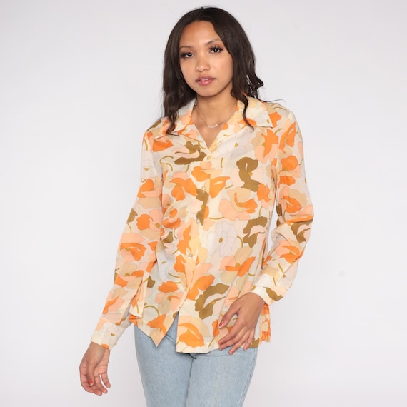 70s Floral Blouse Vintage Orange Cream Button Up Long Sleeve Mod Psychedelic Groovy Hippie Casual Pattern Disco Bohemian Swirl Medium M