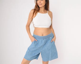 90er Jahre Jeans Shorts Gummizug Taille Blaue Jeans Shorts Baggy Entspannte Lounge Jeans Shorts Hoch taillierte Shorts 1990er Jahre Vintage Baumwolle Große L
