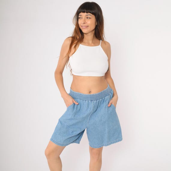90s Denim Shorts Elastic Waist Blue Denim Shorts Baggy Relaxed Lounge Jean Shorts High Waisted Shorts 1990s Vintage Cotton Large L