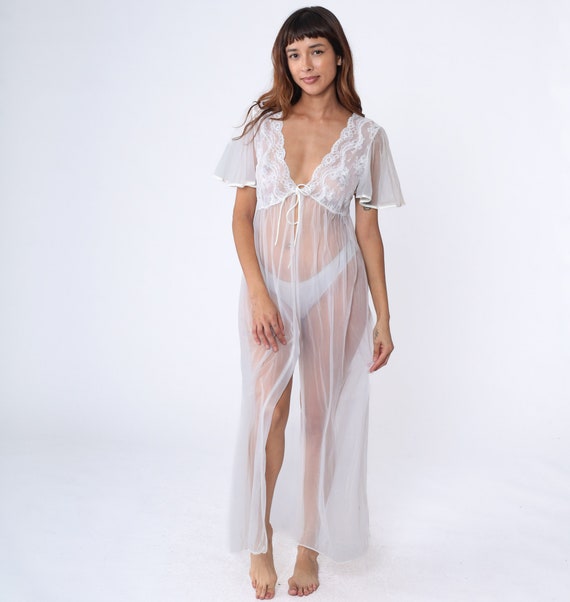 70s Sheer Robe Long White Lingerie Jacket Flutter Sleeve Deep V Neck Sexy Boho Maxi Lingerie Peignoir Boho Romantic 1970s Vintage Small