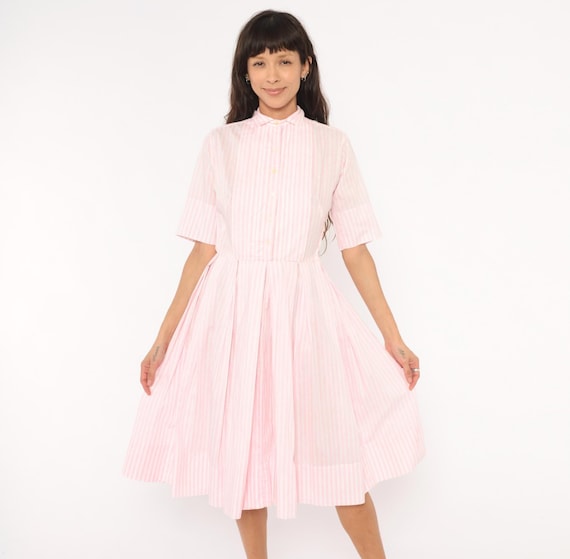 60s Pink Stripe Shirtdress White Candy Striped Pleated Skirt Collared Cotton Blush Rose Short Sleeve Preppy Collegiate Vintage Small S
