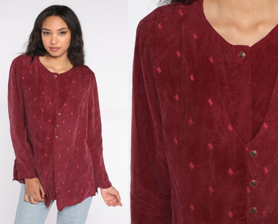 90s Blouse -- Attached Vest Shirt Button Up Shirt 2Fer Long Sleeve Top Burgundy Shirt Rayon Twofer Shirt 1990s Vintage Medium