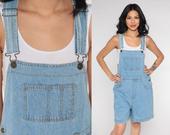 Y2K Denim Overalls Blue Jeans Shorts Bib Shortalls Women Grunge 00s Blue Shorts Denim Vintage Medium Large