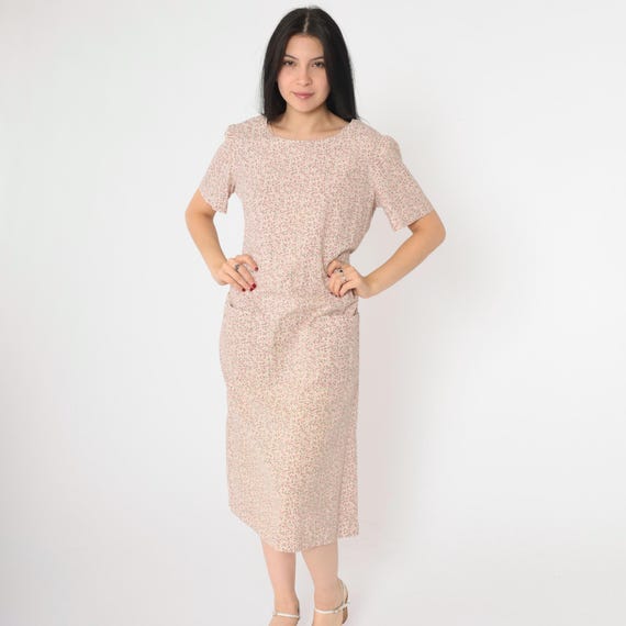 Vintage Floral Midi Dress 90s Pink Off-White Grunge Revival 1990s Shift Short Sleeve Retro Summer Pocket Medium