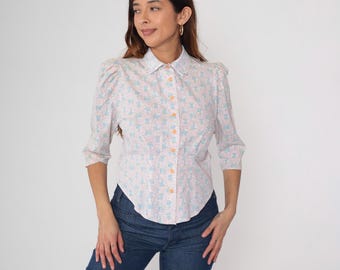 Puff Sleeve Blouse 1980s Blue Pink Floral Button Front Vintage Prairie Three Quarter Sleeve Cottagecore Romantic Feminine Retro Small S