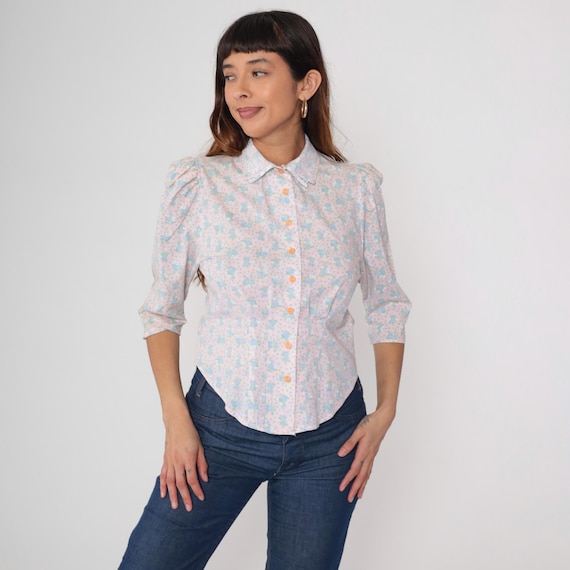 Puff Sleeve Blouse 1980s Blue Pink Floral Button Front Vintage Prairie Three Quarter Sleeve Cottagecore Romantic Feminine Retro Small S