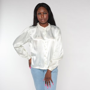 White Satin Blouse 90s Puff Sleeve Top Shiny Pearl Button up Shirt