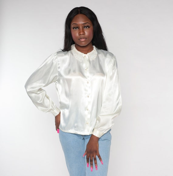 White Satin Blouse 90s Puff Sleeve Top Shiny Pearl Button up Shirt Beaded Crochet Collar Collared Retro Secretary Vintage 1990s Medium M