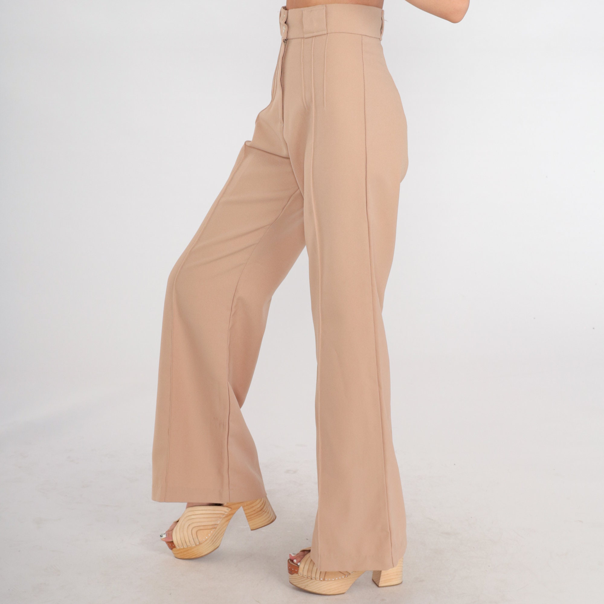 70s Wide Leg Pants Tan Creased Trousers 1970s Straight Leg Boho Hippie ...