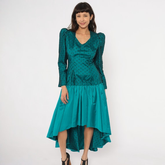 80s Puff Sleeve Gown Teal Polka Dot Drop Waist High Low Hem V Neck Fitted Bodice Gathered Skirt Emerald Party Frock Formal Evening Medium M