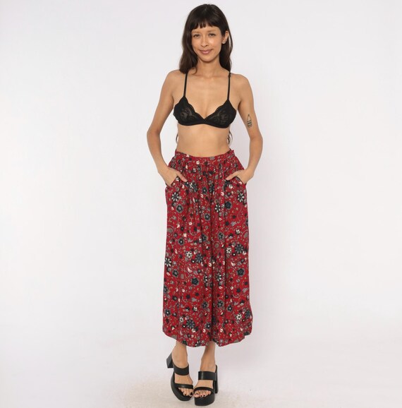 80s Floral Midi Skirt Red Navy Gathered Waist Full Sweep Vine Botanical Garden Dark Cottagecore Prairie Crimson Burgundy Vintage Small S