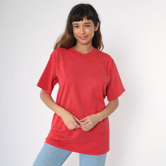 Vintage Red T Shirt Plain 90s Crewneck TShirt 1990s Retro Tee Basic Blank Single Stitch Cotton Blend Oneita Size Medium Large
