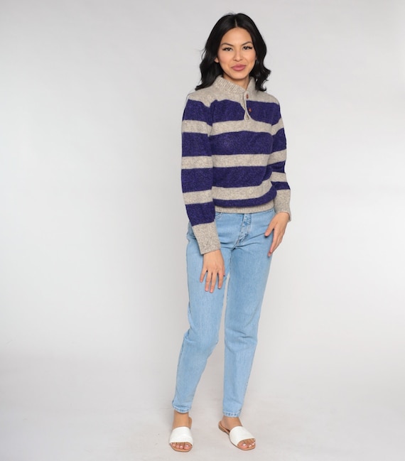 Purple Striped Sweater 90s Wool Blend Sweater Taupe Henley Sweater Button Up Slouchy Pullover Jumper 1990s Vintage Retro Extra Small xs