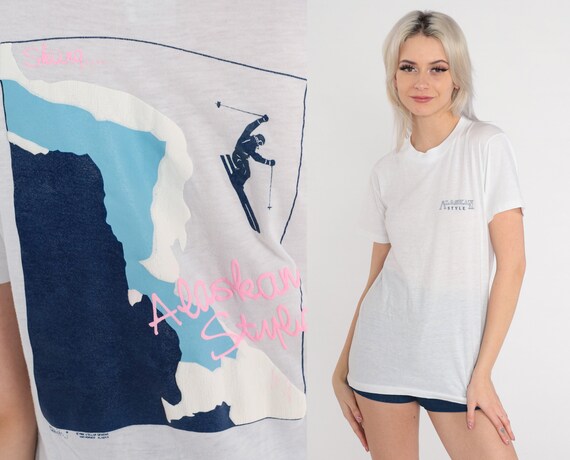 Ski Alaska Shirt 80s Alaskan Style T-Shirt Winter Sports Graphic Tee Thin Burnout Single Stitch Made in the USA Tshirt Vintage 1980s Small S