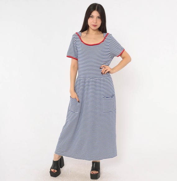 90s Striped Maxi Dress Talbots Cobalt Blue White Cotton Short Sleeve Scoop Neck Red Trim Drop Waist Pockets Nautical Sailor Vintage Large L