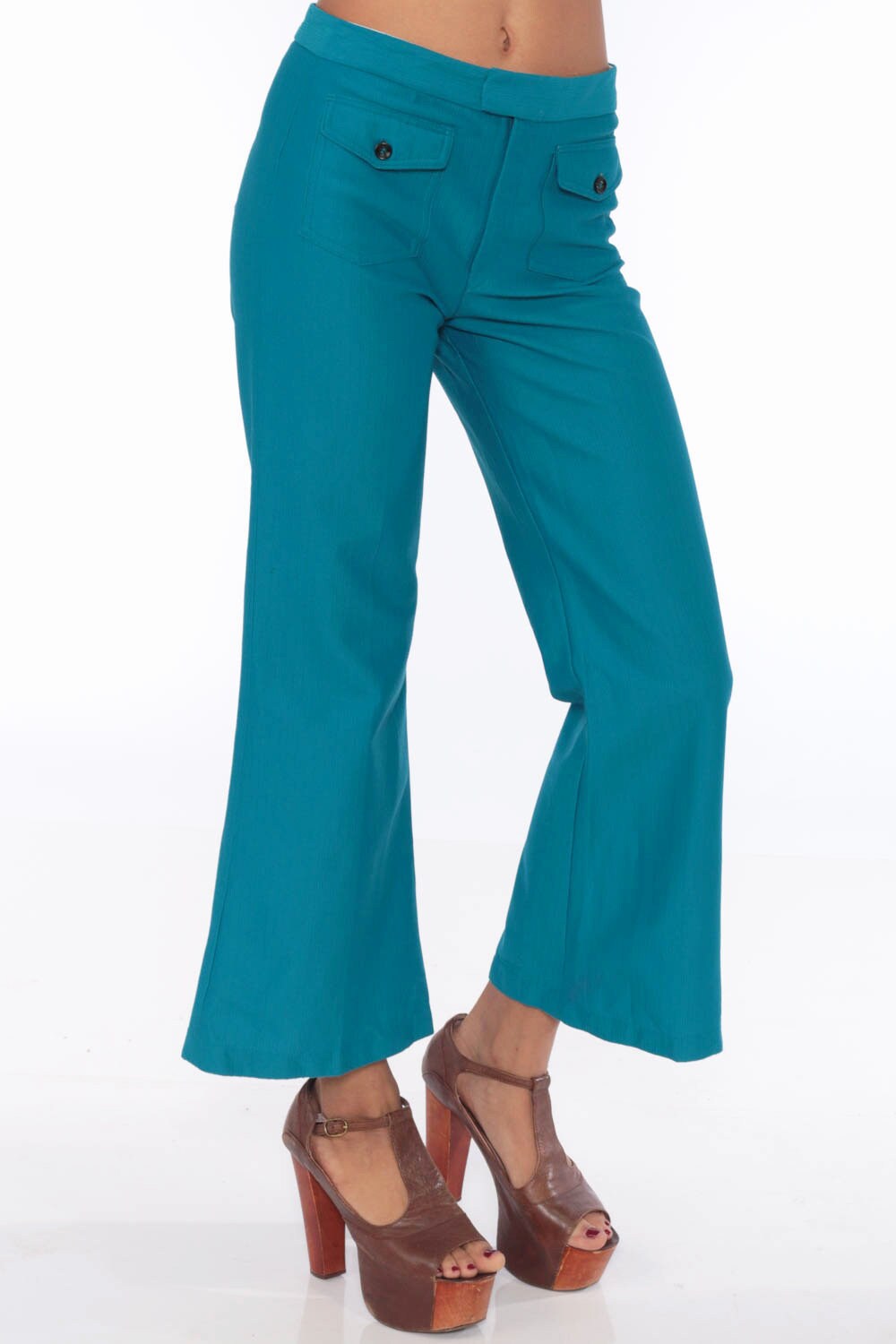 Teal Bell Bottoms Pants -- 70s Boho Hippie Mid Rise Bellbottom Pants Blue Flared 1970s Vintage 