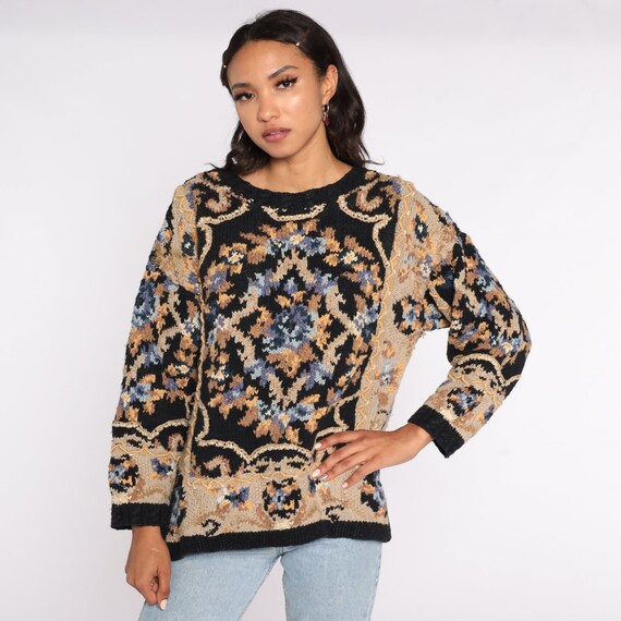 Black Floral Sweater 90s Boho Graphic Print Cotto… - image 2