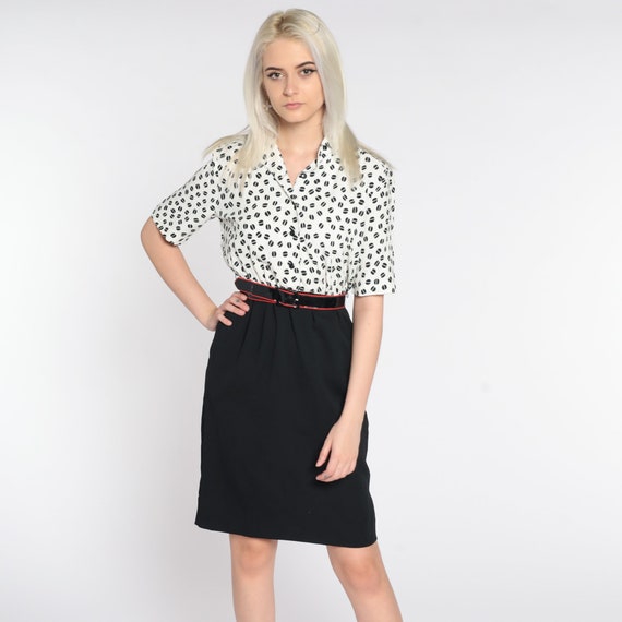 80s Mini Dress Vintage Black White Geometric Shirtdress 1980s Button Up Dress Secretary 1980s Short Sleeve High Waist Extra Small xs