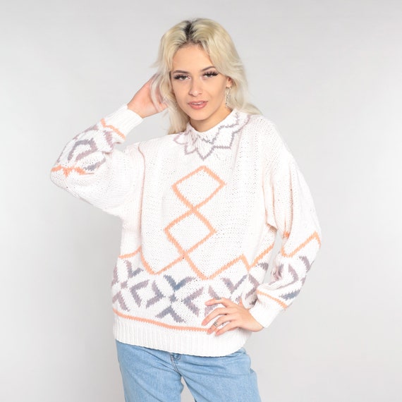 Diamond Print Sweater 90s White Geometric Knit Pullover Sweater Retro Oversized Jumper Orange Statement 1990s Vintage Cotton Ramie Medium M