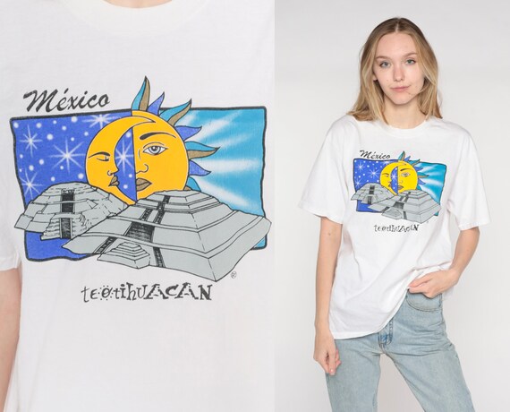 Celestial Mexico T Shirt 90s San Juan Teotihuacán Shirt Mexican Temple Sun Moon Cosmic Graphic Tee Top Tourist Vintage 1990s Medium Large