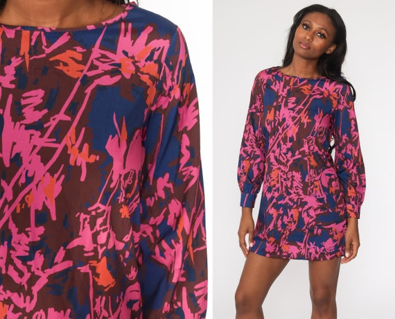 Y2K Abstract Dress Bright Mini Dress 00s Boho Vintage Minidress Squiggle Print Party Long Sleeve Dress Summer Shift Party Small S Etsy