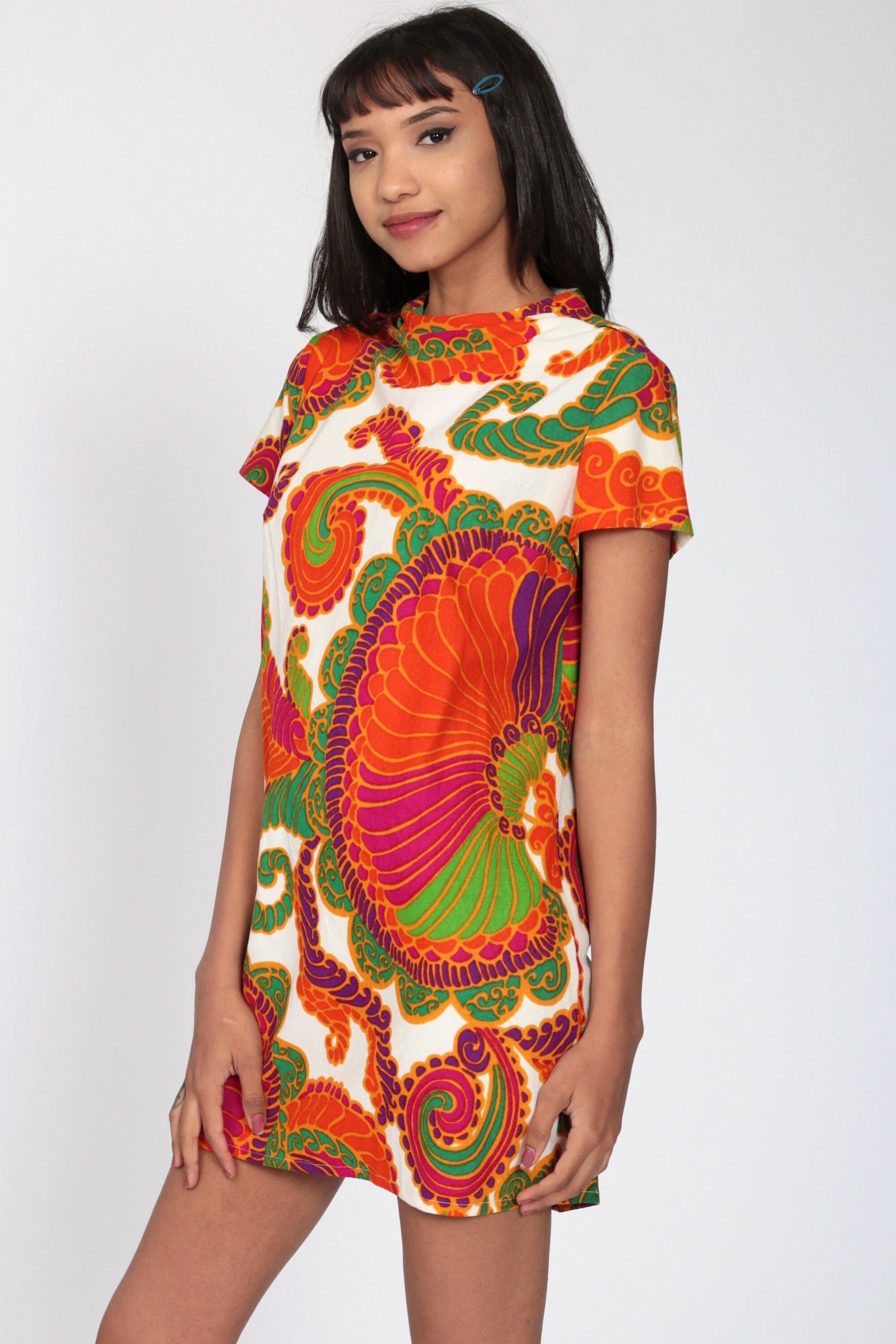 60s Mod Dress 70s Psychedelic Dress Shift Mini Dress SWIRL Print 1960s Sixties Twiggy Dress 