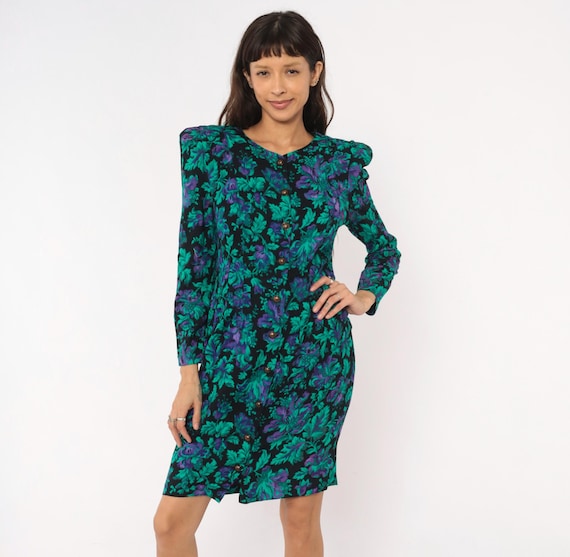 80s Floral Button Front Dress Teal Purple Black Botanical V Neck Shoulder Pad Long Sleeve Fitted Waist Office Sheath Vintage Women Large L